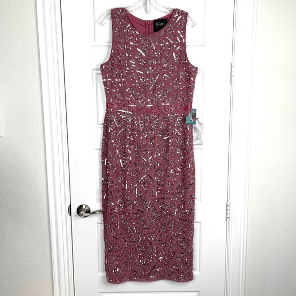 MAC DUGGAL Geometric Patterned Sequin Midi Dress NEW Rosewood Mauve Pink Size 10 - Picture 2 of 16